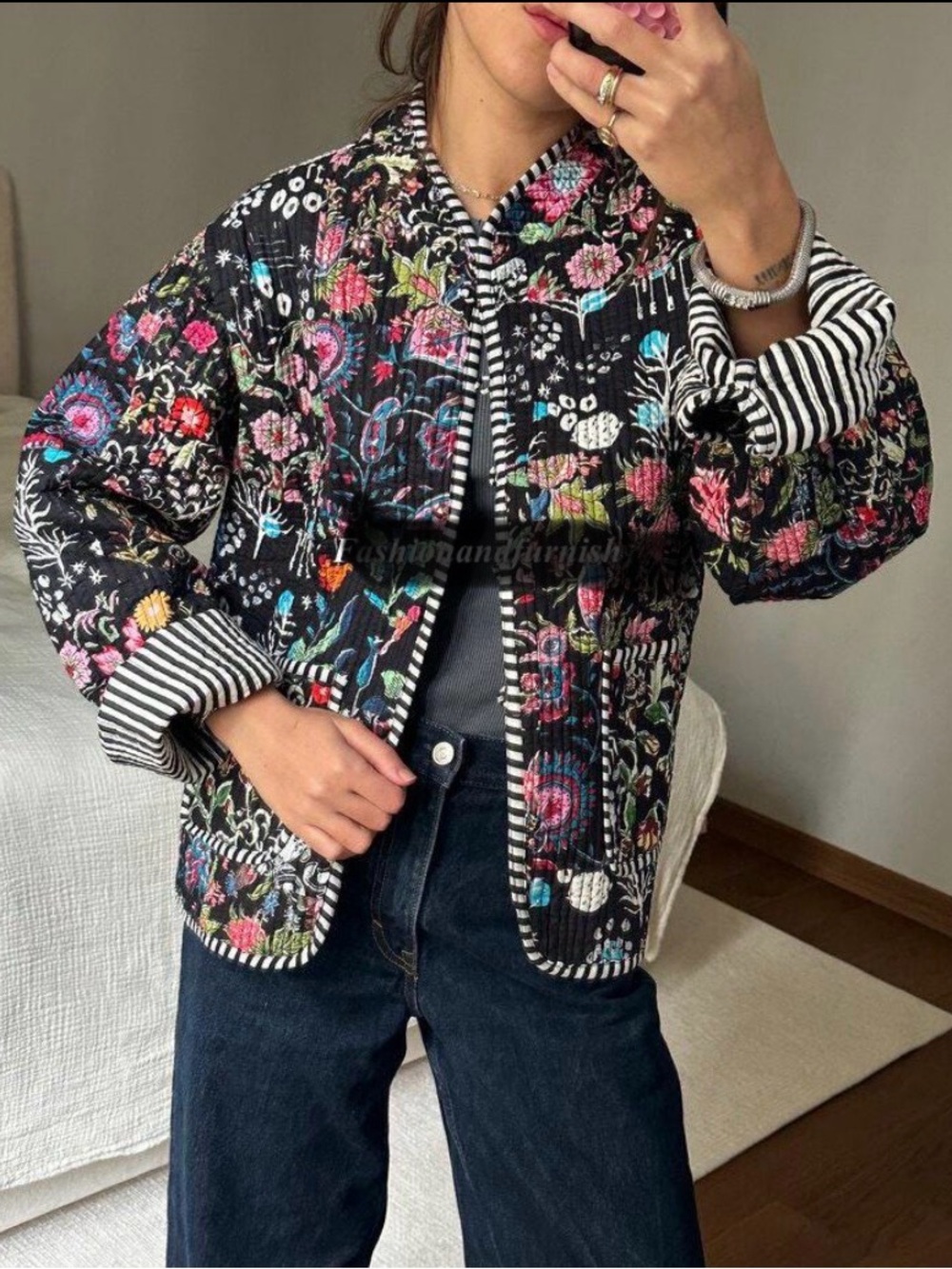 New Quilted Cotton Jacket Black Floral XL